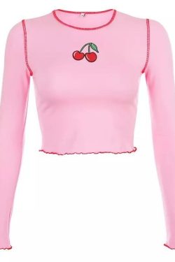 Sweet Cherry Sleeved Crop Top - Y2K Summer, 90s Fashion, Grunge, Retro, Pastel Goth, Y2K Club