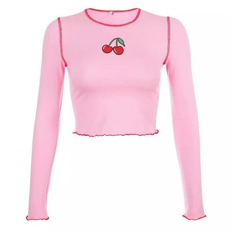 Sweet Cherry Sleeved Crop Top - Y2K Summer, 90s Fashion, Grunge, Retro, Pastel Goth, Y2K Club