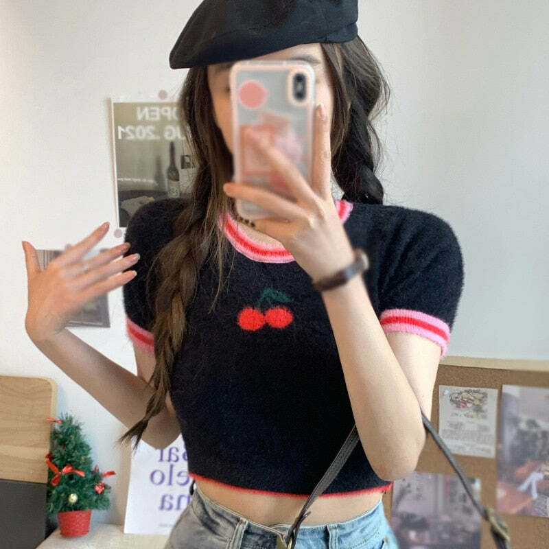 Sweet Cherry Soft Crop Top - Y2K Summer, 90s Grunge, Retro, Pastel Goth, Y2K Party Outfit