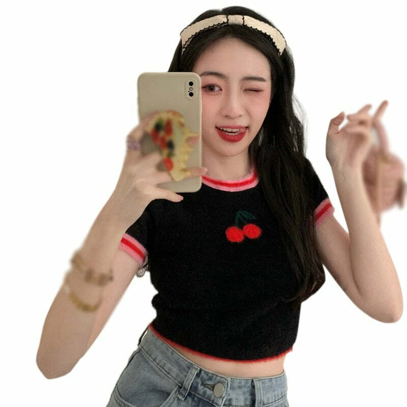 Sweet Cherry Soft Crop Top - Y2K Summer, 90s Grunge, Retro, Pastel Goth, Y2K Party Outfit