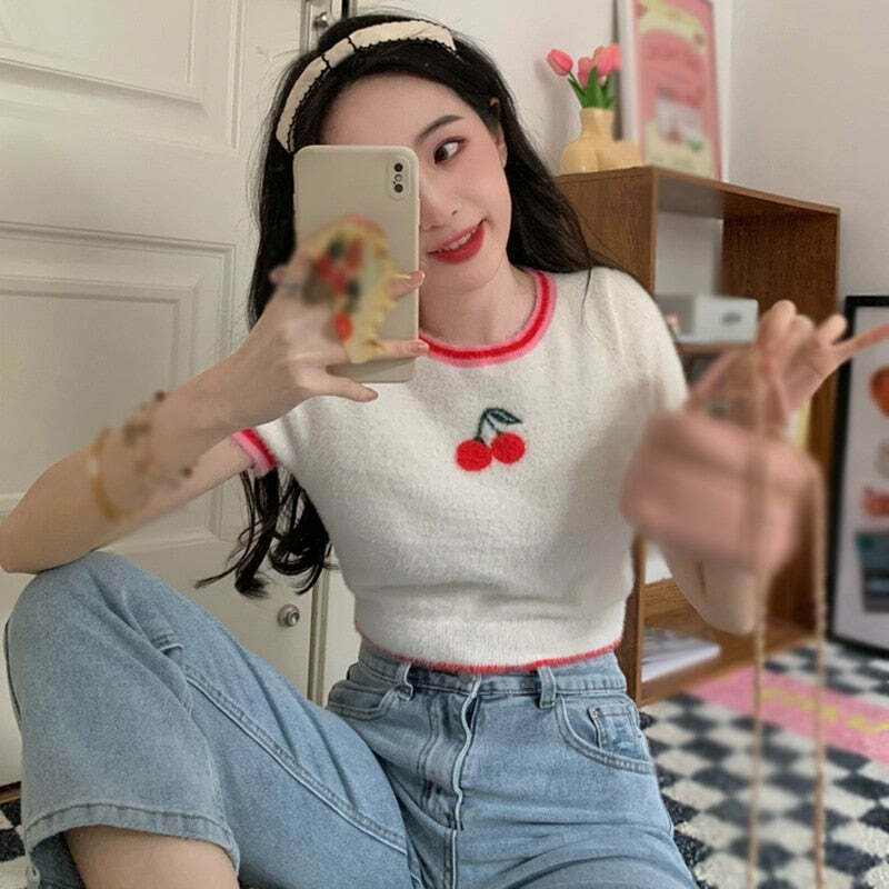 Sweet Cherry Soft Crop Top - Y2K Summer, 90s Grunge, Retro, Pastel Goth, Y2K Party Outfit