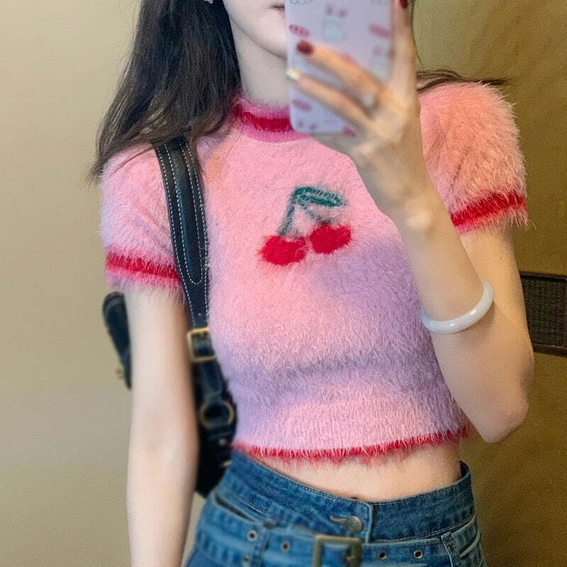 Sweet Cherry Soft Crop Top - Y2K Summer, 90s Grunge, Retro, Pastel Goth, Y2K Party Outfit