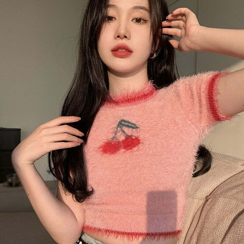 Sweet Cherry Soft Crop Top - Y2K Summer, 90s Grunge, Retro, Pastel Goth, Y2K Party Outfit