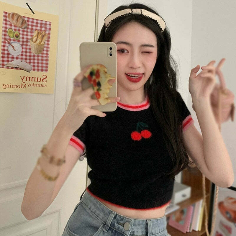 Sweet Cherry Soft Crop Top - Y2K Summer, 90s Grunge, Retro, Pastel Goth, Y2K Party Outfit