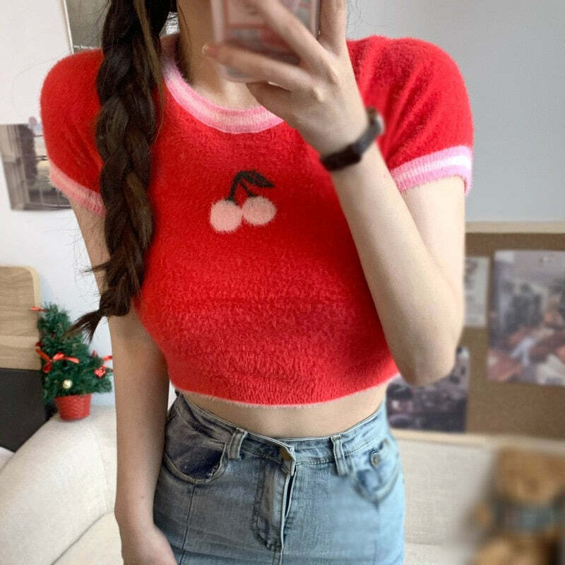 Sweet Cherry Soft Crop Top - Y2K Summer, 90s Grunge, Retro, Pastel Goth, Y2K Party Outfit