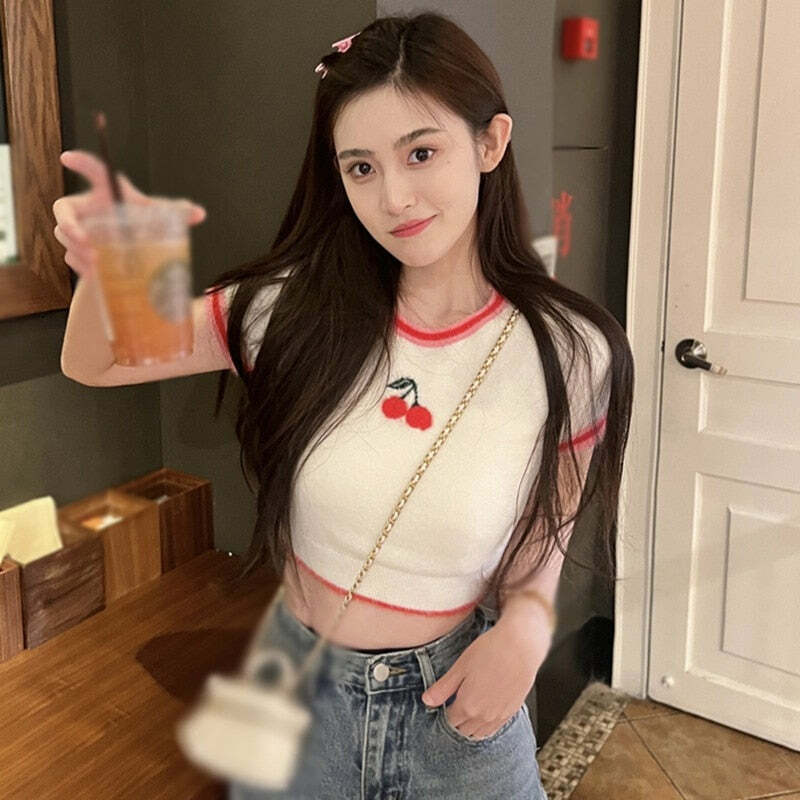 Sweet Cherry Soft Crop Top - Y2K Summer, 90s Grunge, Retro, Pastel Goth, Y2K Party Outfit