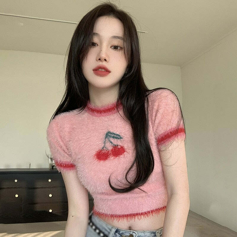 Sweet Cherry Soft Crop Top - Y2K Summer, 90s Grunge, Retro, Pastel Goth, Y2K Party Outfit