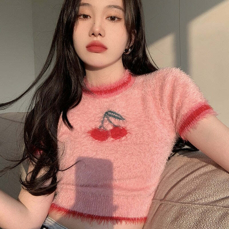 Sweet Cherry Soft Crop Top - Y2K Summer, 90s Grunge, Retro, Pastel Goth, Y2K Party Outfit