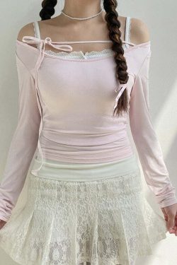 Sweet Girl Lace-up Long Sleeve Top - Y2K Summer, 90s Fashion, Grunge, Retro, Pastel Goth