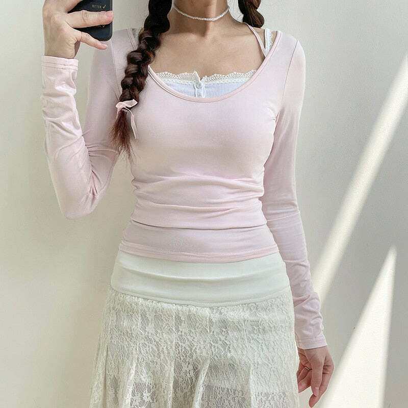 Sweet Girl Lace-up Long Sleeve Top - Y2K Summer, 90s Fashion, Grunge, Retro, Pastel Goth