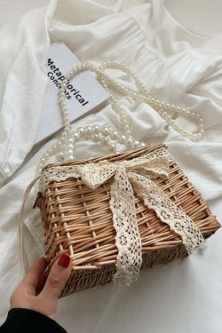 Sweet Girl Y2K Straw Woven Bag with Bow and Pearls - Perfect for 90s Grunge and Summer Outfits