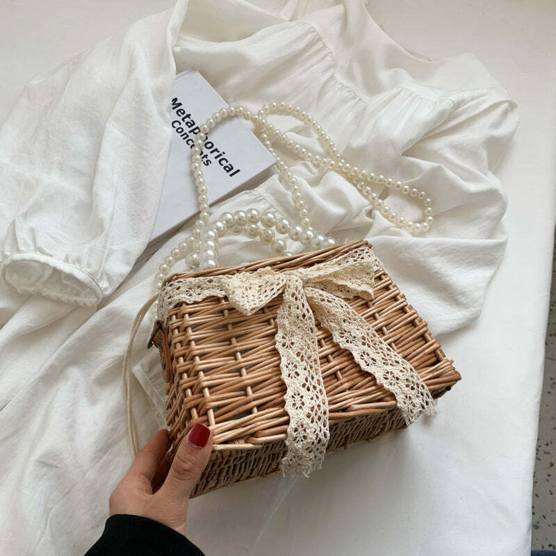 Sweet Girl Y2K Straw Woven Bag with Bow and Pearls - Perfect for 90s Grunge and Summer Outfits