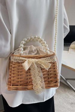 Sweet Girl Y2K Straw Woven Bag with Bow and Pearls - Perfect for 90s Grunge and Summer Outfits
