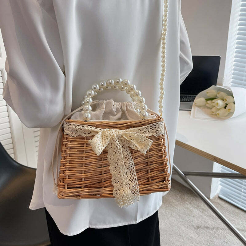 Sweet Girl Y2K Straw Woven Bag with Bow and Pearls - Perfect for 90s Grunge and Summer Outfits
