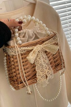 Sweet Girl Y2K Straw Woven Bag with Bow and Pearls - Perfect for 90s Grunge and Summer Outfits