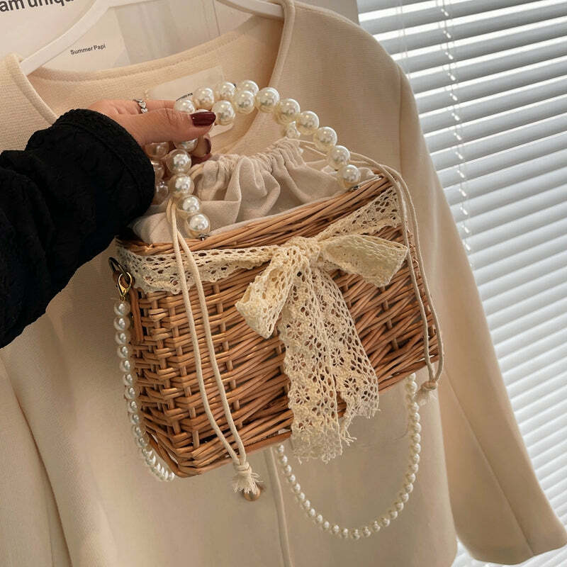 Sweet Girl Y2K Straw Woven Bag with Bow and Pearls - Perfect for 90s Grunge and Summer Outfits