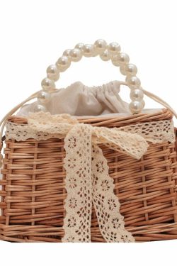 Sweet Girl Y2K Straw Woven Bag with Bow and Pearls - Perfect for 90s Grunge and Summer Outfits