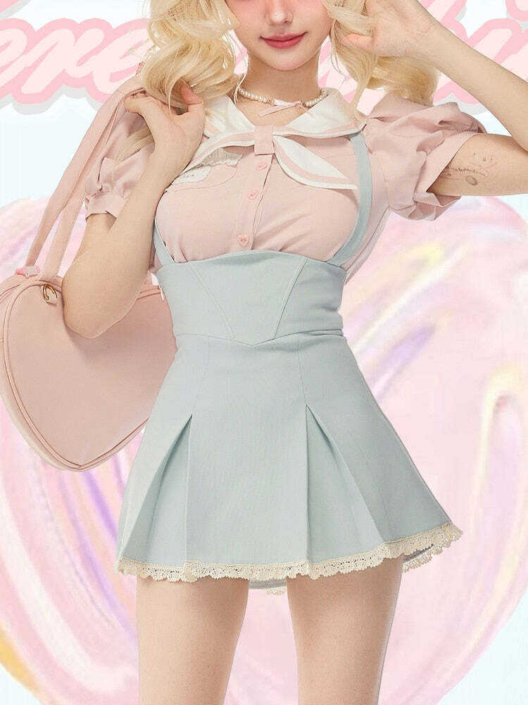 Sweet Girl Y2K Two Piece Set - Blue Pink, 90s Grunge Summer Outfit, Retro Fashion, Y2K Clubwear