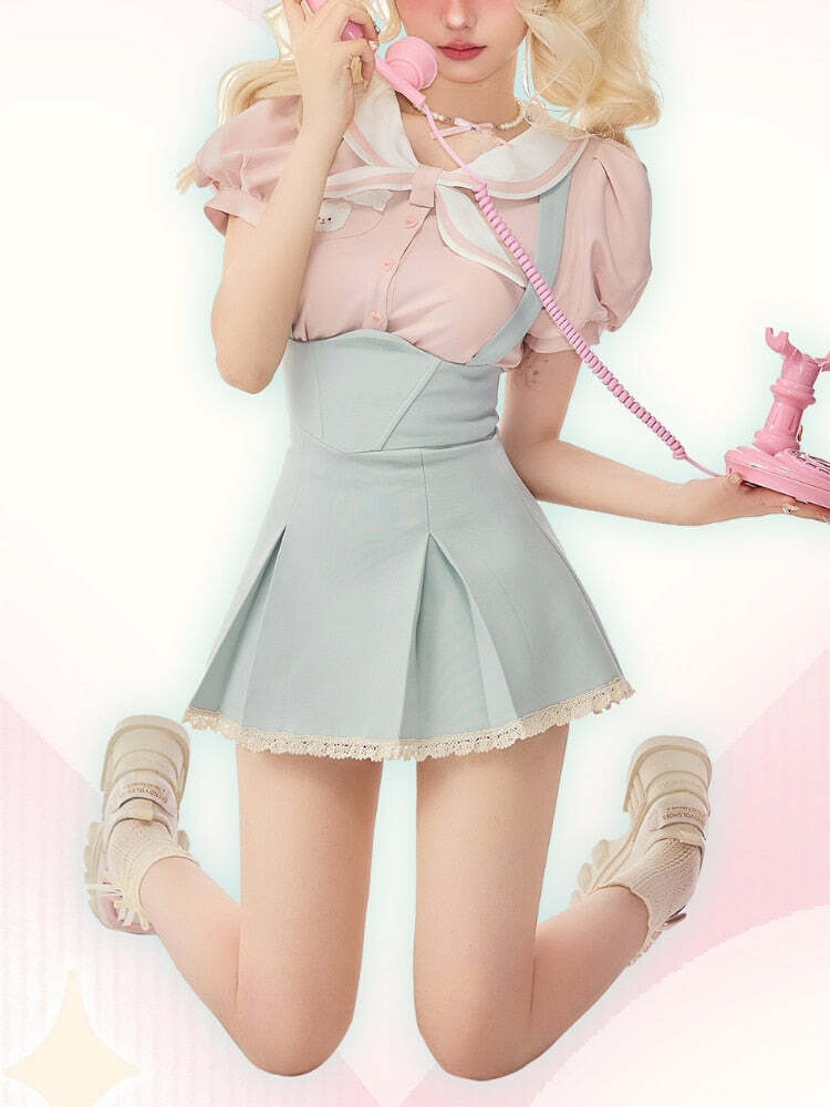 Sweet Girl Y2K Two Piece Set - Blue Pink, 90s Grunge Summer Outfit, Retro Fashion, Y2K Clubwear