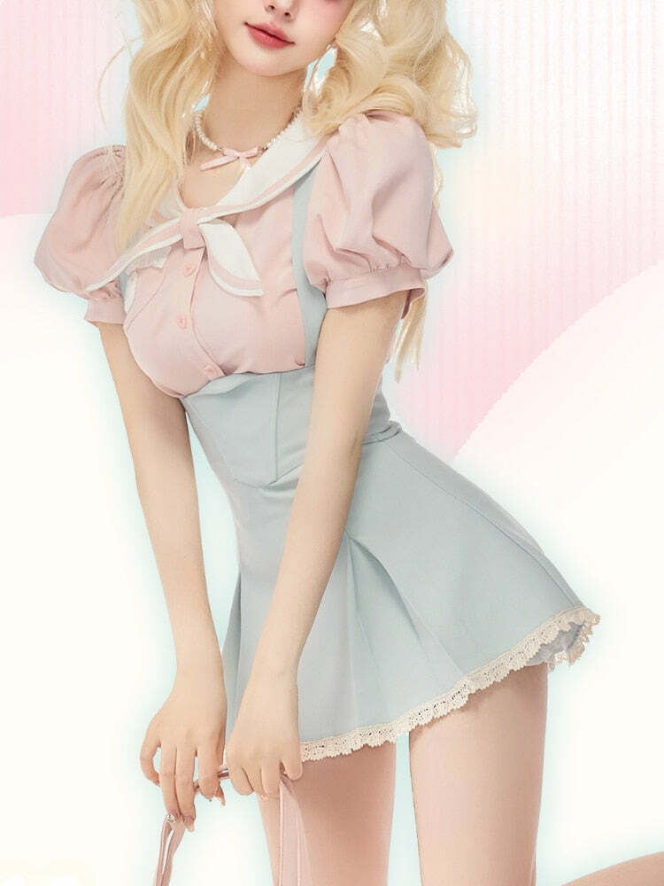Sweet Girl Y2K Two Piece Set - Blue Pink, 90s Grunge Summer Outfit, Retro Fashion, Y2K Clubwear