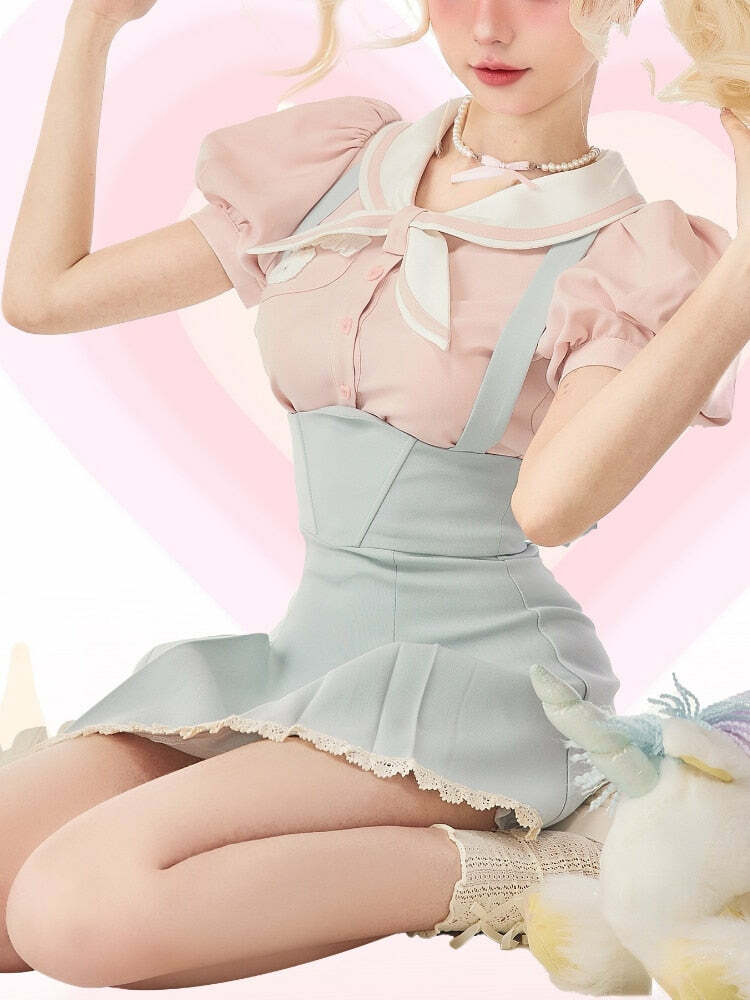 Sweet Girl Y2K Two Piece Set - Blue Pink, 90s Grunge Summer Outfit, Retro Fashion, Y2K Clubwear
