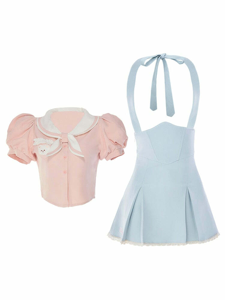 Sweet Girl Y2K Two Piece Set - Blue Pink, 90s Grunge Summer Outfit, Retro Fashion, Y2K Clubwear