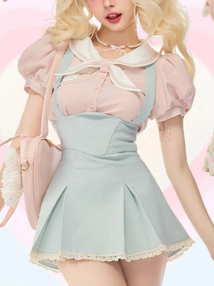 Sweet Girl Y2K Two Piece Set - Blue Pink, 90s Grunge Summer Outfit, Retro Fashion, Y2K Clubwear
