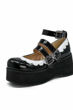 Sweet Goth Mary Jane Shoes - Black with White Trim | Y2K Grunge & 90s Retro Fashion