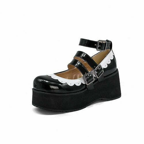 Sweet Goth Mary Jane Shoes - Black with White Trim | Y2K Grunge & 90s Retro Fashion