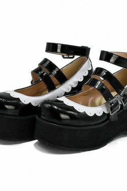 Sweet Goth Mary Jane Shoes - Black with White Trim | Y2K Grunge & 90s Retro Fashion