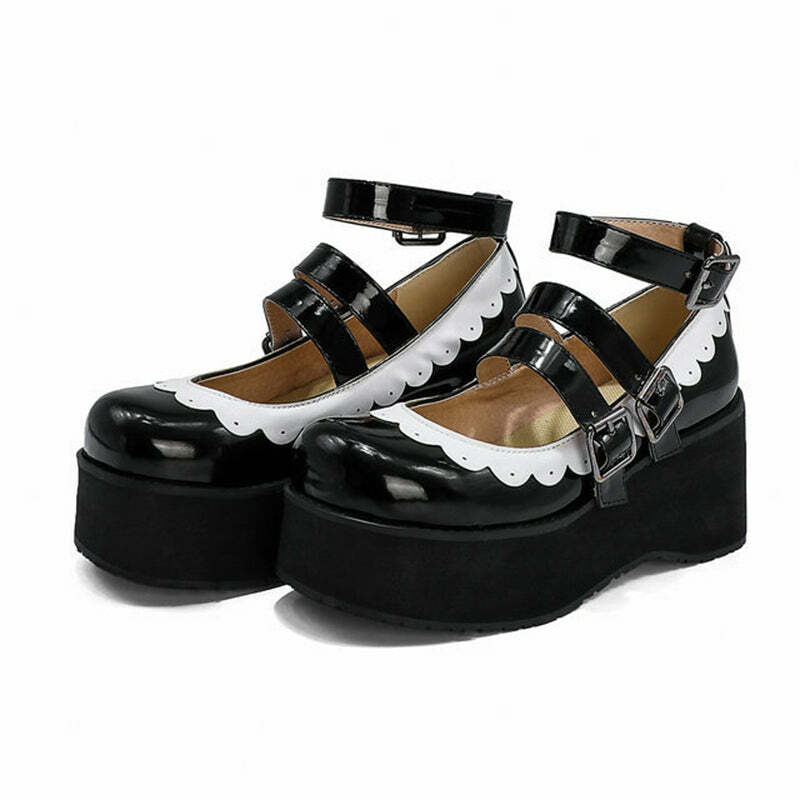 Sweet Goth Mary Jane Shoes - Black with White Trim | Y2K Grunge & 90s Retro Fashion