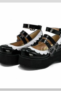 Sweet Goth Mary Jane Shoes - Black with White Trim | Y2K Grunge & 90s Retro Fashion