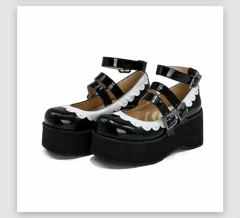 Sweet Goth Mary Jane Shoes - Black with White Trim | Y2K Grunge & 90s Retro Fashion