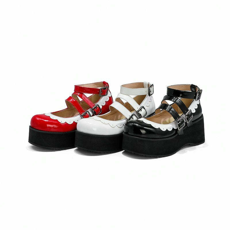 Sweet Goth Mary Jane Shoes with White Trim - Red | Y2K Grunge & 90s Retro Fashion