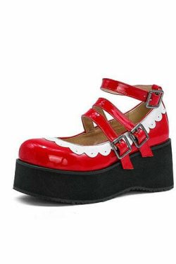 Sweet Goth Mary Jane Shoes with White Trim - Red | Y2K Grunge & 90s Retro Fashion