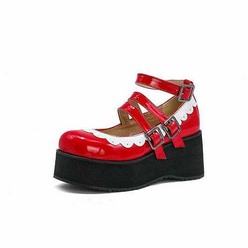 Sweet Goth Mary Jane Shoes with White Trim - Red | Y2K Grunge & 90s Retro Fashion