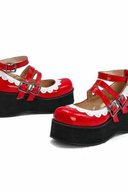 Sweet Goth Mary Jane Shoes with White Trim - Red | Y2K Grunge & 90s Retro Fashion