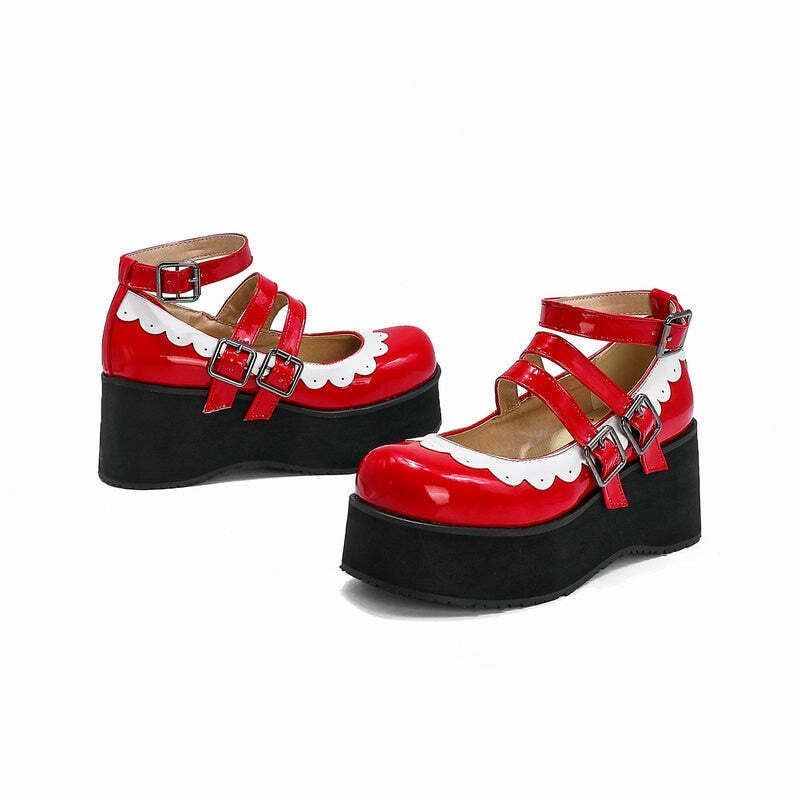 Sweet Goth Mary Jane Shoes with White Trim - Red | Y2K Grunge & 90s Retro Fashion