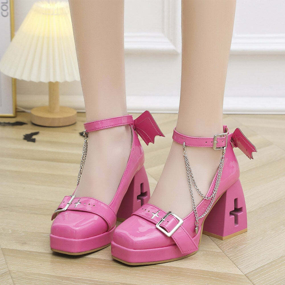 Sweet Gothic Lolita Pink Mary Janes - Y2K Grunge, 90s Fashion, Retro Summer Outfits