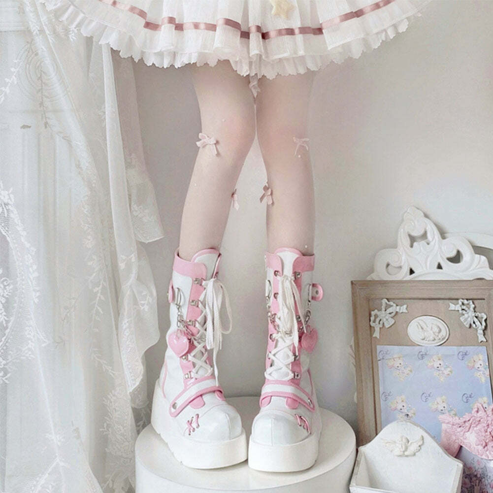 Sweet Lolita Mid-Calf Motorcycle Boots - Y2K Grunge, 90s Fashion, Retro Style, Gothic Y2K