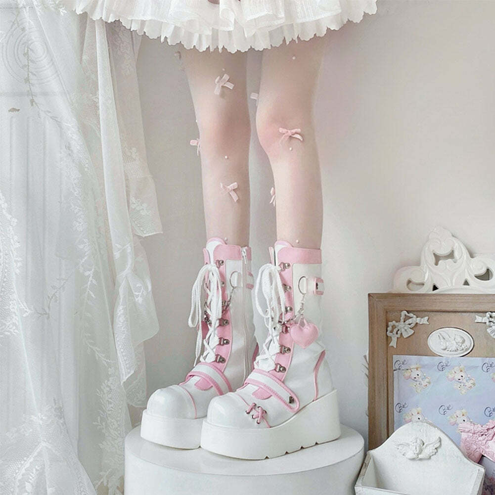 Sweet Lolita Mid-Calf Motorcycle Boots - Y2K Grunge, 90s Fashion, Retro Style, Gothic Y2K