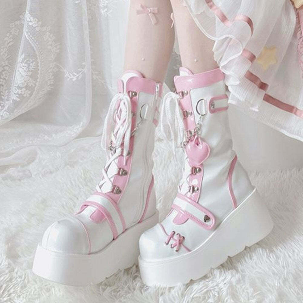 Sweet Lolita Mid-Calf Motorcycle Boots - Y2K Grunge, 90s Fashion, Retro Style, Gothic Y2K