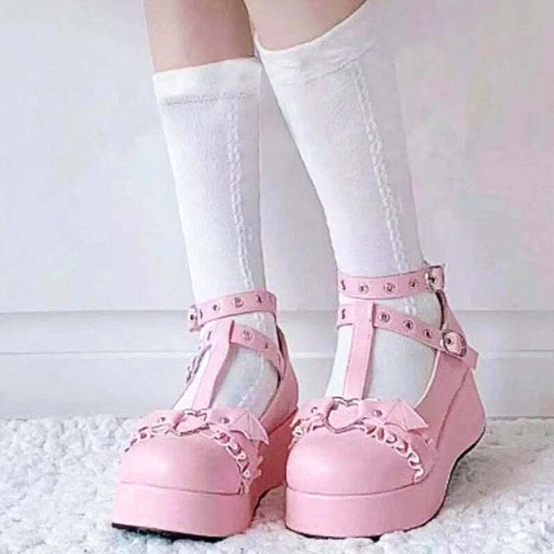 Sweet Lolita Pink Platform Mary Janes - Y2K Summer, 90s Grunge, Retro Goth, Y2K Party Outfits