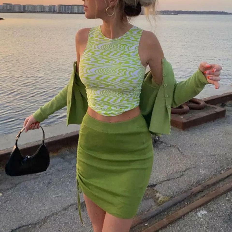 Swish Green Crop Top - Y2K Summer Outfit, 90s Fashion, Grunge, Retro Style, Y2K Party Look