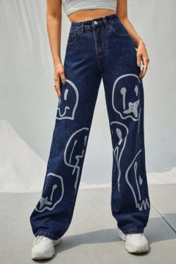 Trippy Smiley Loose Jeans - Y2K Summer Grunge 90s Fashion Retro Hip Hop Y2K Outfits Women
