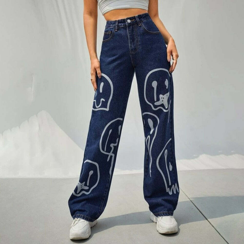Trippy Smiley Loose Jeans - Y2K Summer Grunge 90s Fashion Retro Hip Hop Y2K Outfits Women