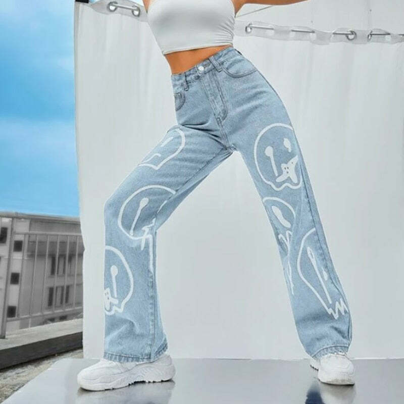 Trippy Smiley Loose Jeans - Y2K Summer Grunge 90s Fashion Retro Hip Hop Y2K Outfits Women