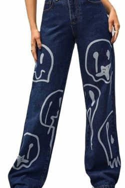 Trippy Smiley Loose Jeans - Y2K Summer Grunge 90s Fashion Retro Hip Hop Y2K Outfits Women