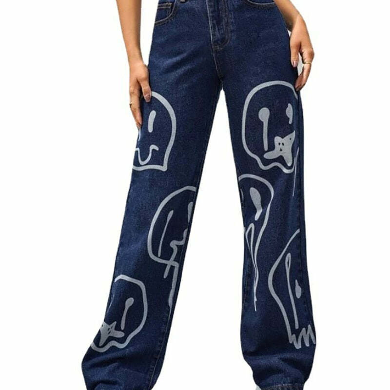 Trippy Smiley Loose Jeans - Y2K Summer Grunge 90s Fashion Retro Hip Hop Y2K Outfits Women