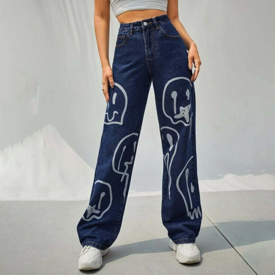 Trippy Smiley Loose Jeans - Y2K Summer Grunge 90s Fashion Retro Hip Hop Y2K Outfits Women